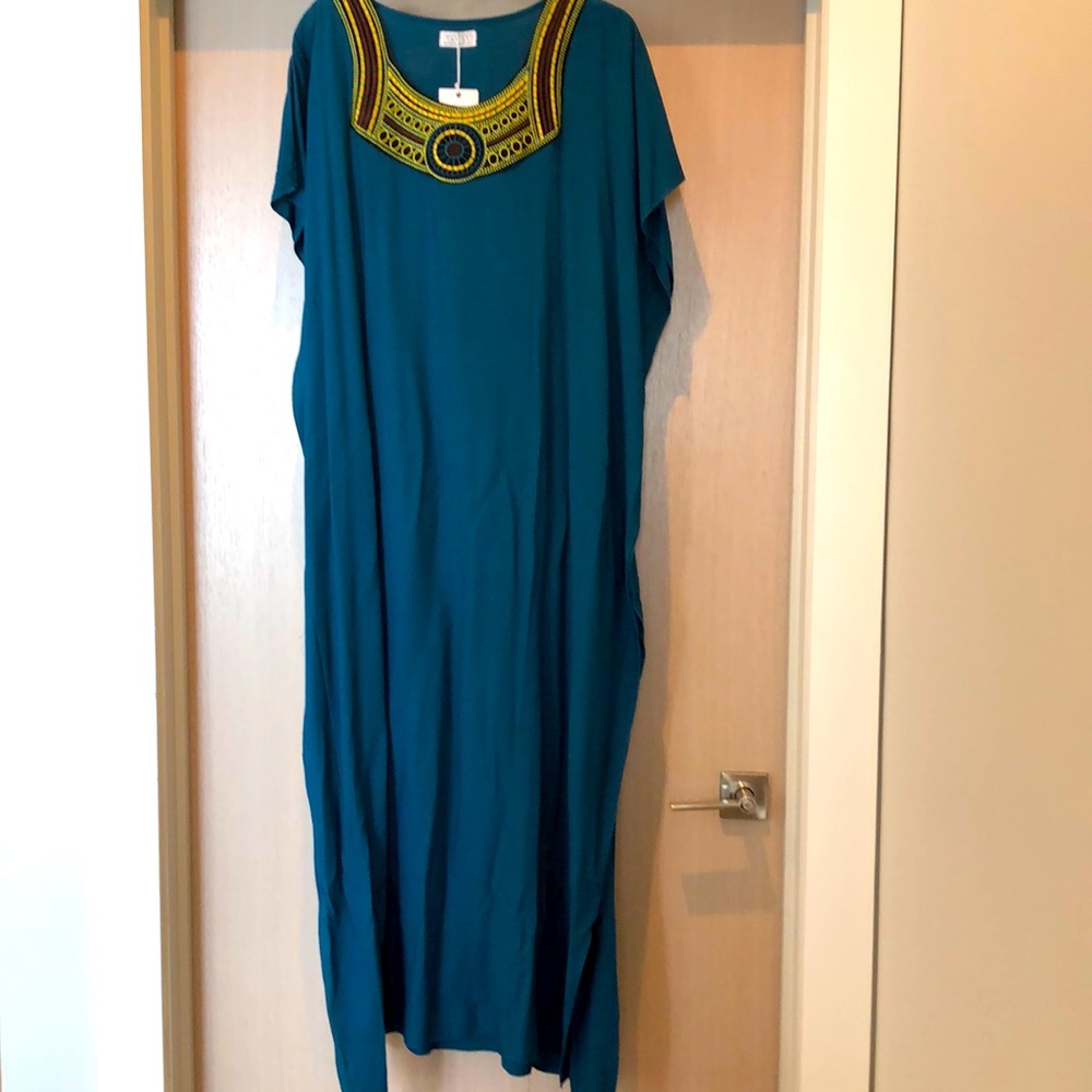Tamsy Maxi length dress kaftan in teal, blue. Short sleeves, side slits. New!